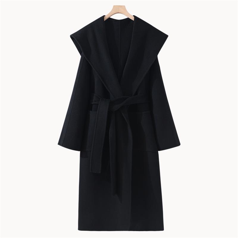 High-End Extra Long Double-Faced Wool Coat: Hooded, Tie-Waist, Light Luxury Casual Silhouette with Cashmere