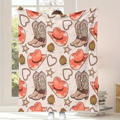 Cowboy Flannel Blanket - Pink/Beige Hearts & Stars | Soft Washable | All-Season Movie Nights/Home Decor