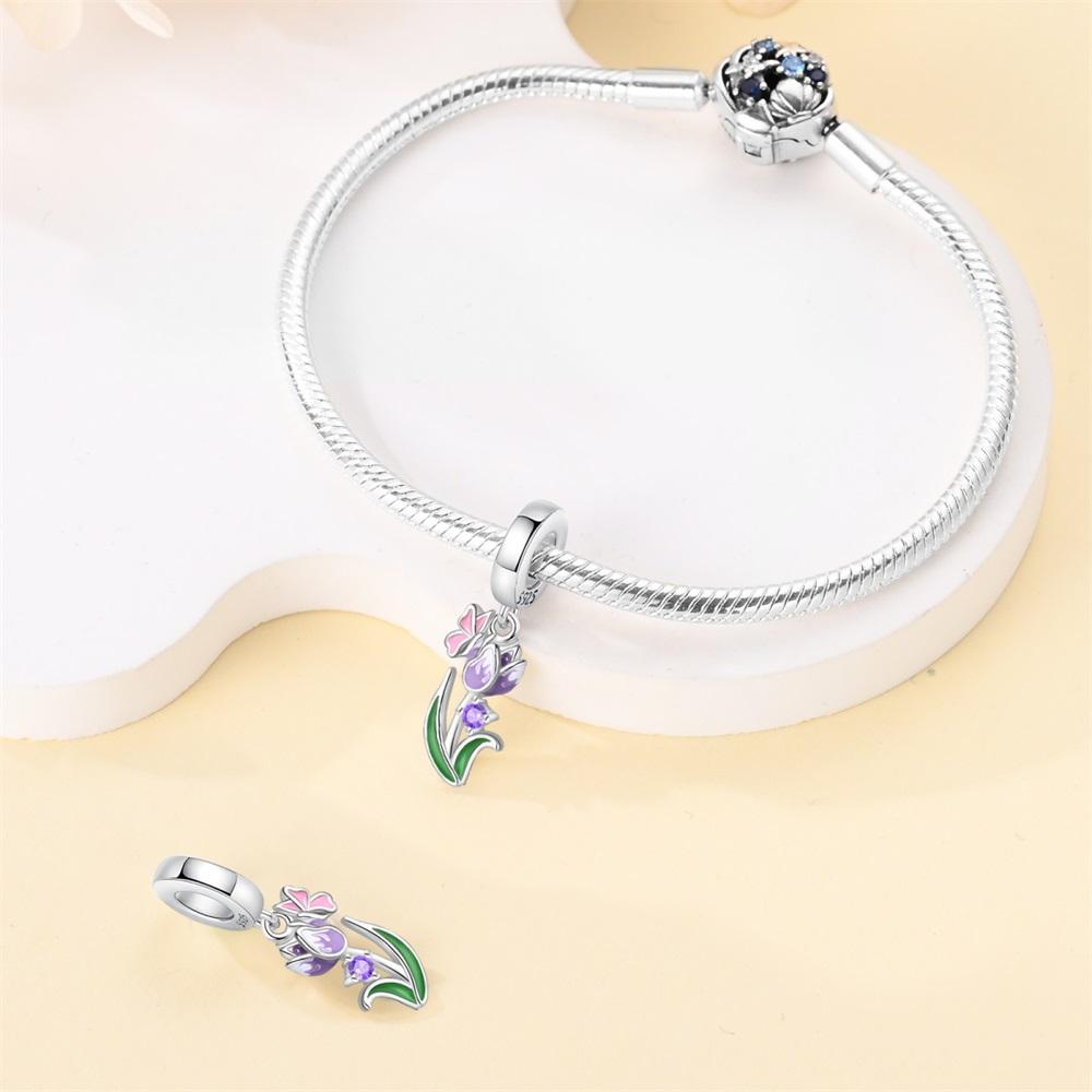 Copper Charms Original Purple Flowers Beads Fit Bracelet Jewelry Diy Lady'S Gift Accessory
