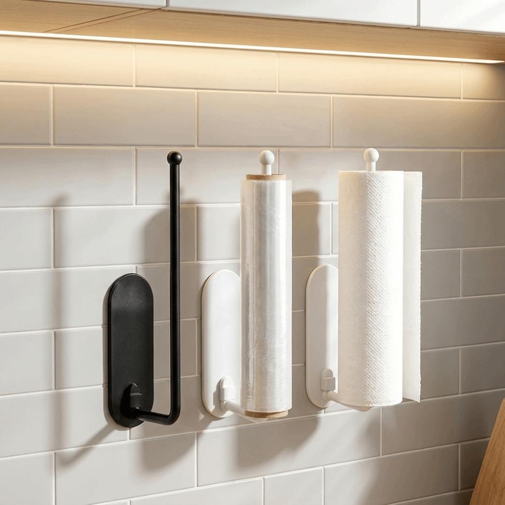 Plastic Roll Paper Holder Wall Mounted Towel Bar Rack Cling Film Storage Rack Cabinet