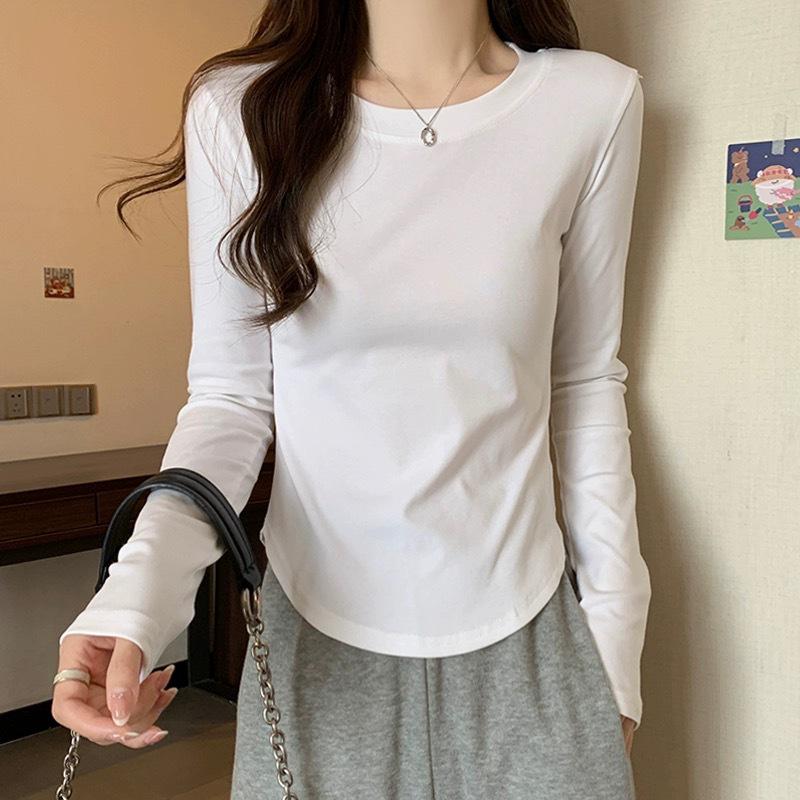 

Women s Spring/Autumn Pure Cotton Long-Sleeve T-Shirt – Irregular Curved Waist, Slim Fit Base Layer Top 3XL [138-155 lbs]