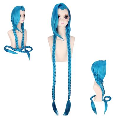 Modrá dlouhá anime cosplay paruka Modrá paruka s dvojitými copánky pro ženy, fanoušky her, paruka s kostýmem na párty
