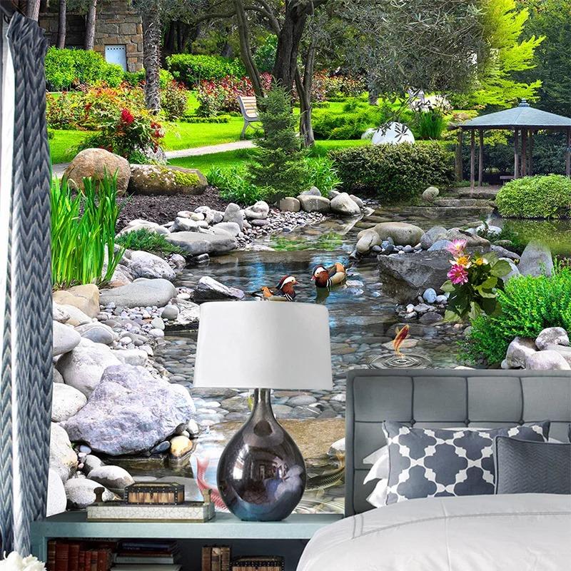 3d Park Wallpaper Stone Creek Carp Landscape Fresco Living Room Bedroom Mural Home Decor