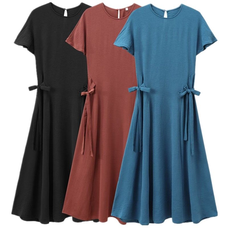 Fashion Style 2024 Fall and Winter New Women's Vertical Short Sleeve round-Neck Long Casual Midi Skirt Dress 0264670