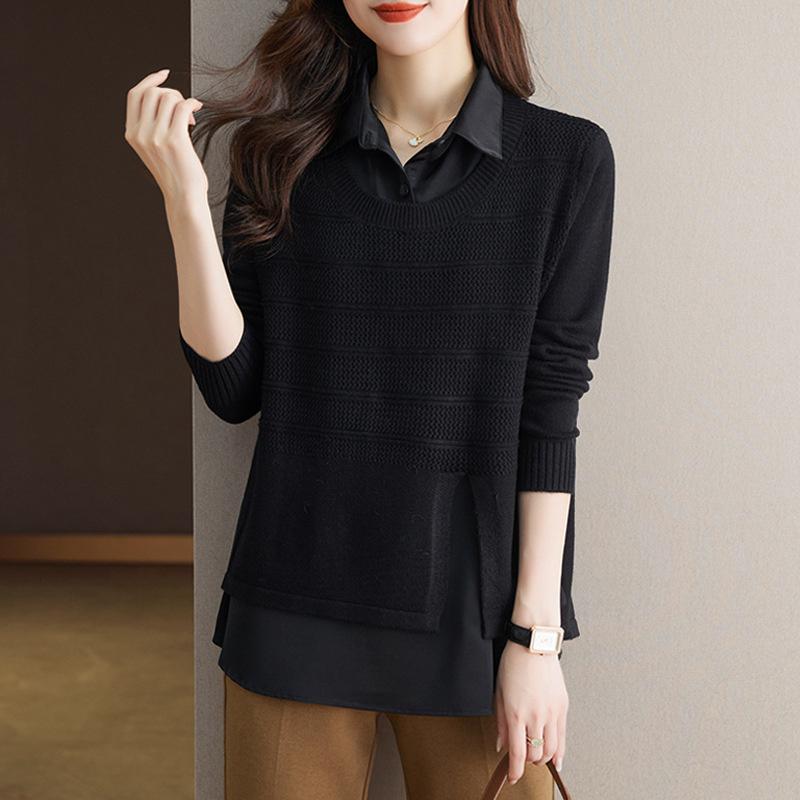 Korean Fake Two-piece Shirt Knitted Women's Spring Autumn Fashion Loose Sweater Bottoming Shirt Female Knitwear Tops