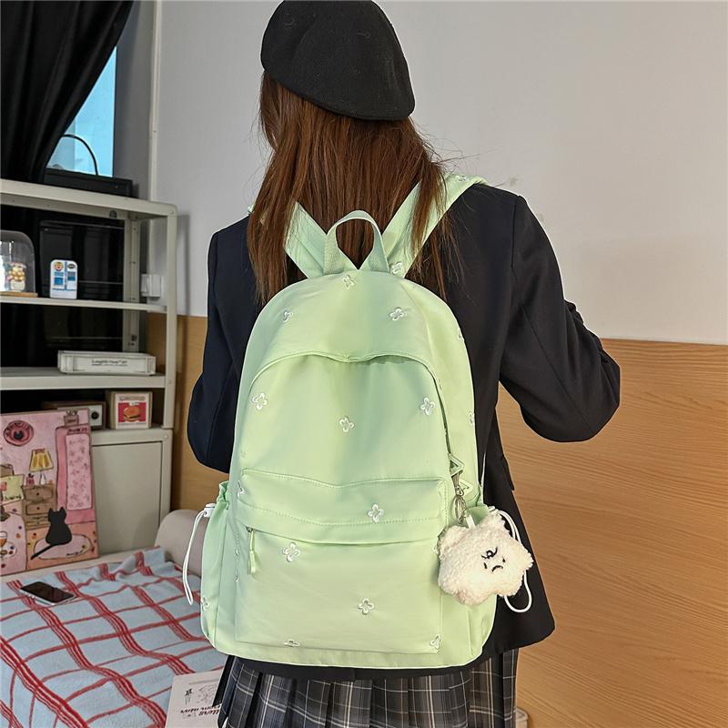 Cute Floral Embroidered Nylon Backpack for Women & Teens – Pastel Green Design with Multiple Pockets, Perfect for School and Daily Use