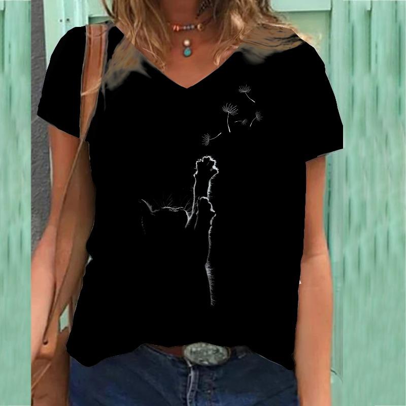 Floral Print T-shirt V-neck Print Women's Short Sleeved T-shirt Top