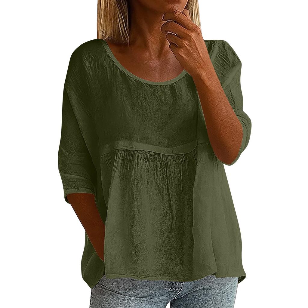 Dámské módní jednobarevné top s kulatým výstřihem a tříčtvrtečním rukávem, volný kulatý výstřih