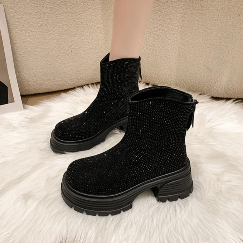 Bottines à plateforme en cristal pour femmes Chaussures à talons hauts de luxe Femme Marque Créateur Tendance Hiver 2025 Confortable Épais Fermeture éclair Botas Mujer