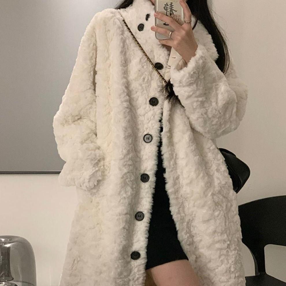 

Пальто из овечьей шерсти, женское длинное пальто длиной до колена, теплое пальто, искусственный мех кролика, кожа, толстый и свободный воротник-стойка, зимнее хлопковое пальто L белый
