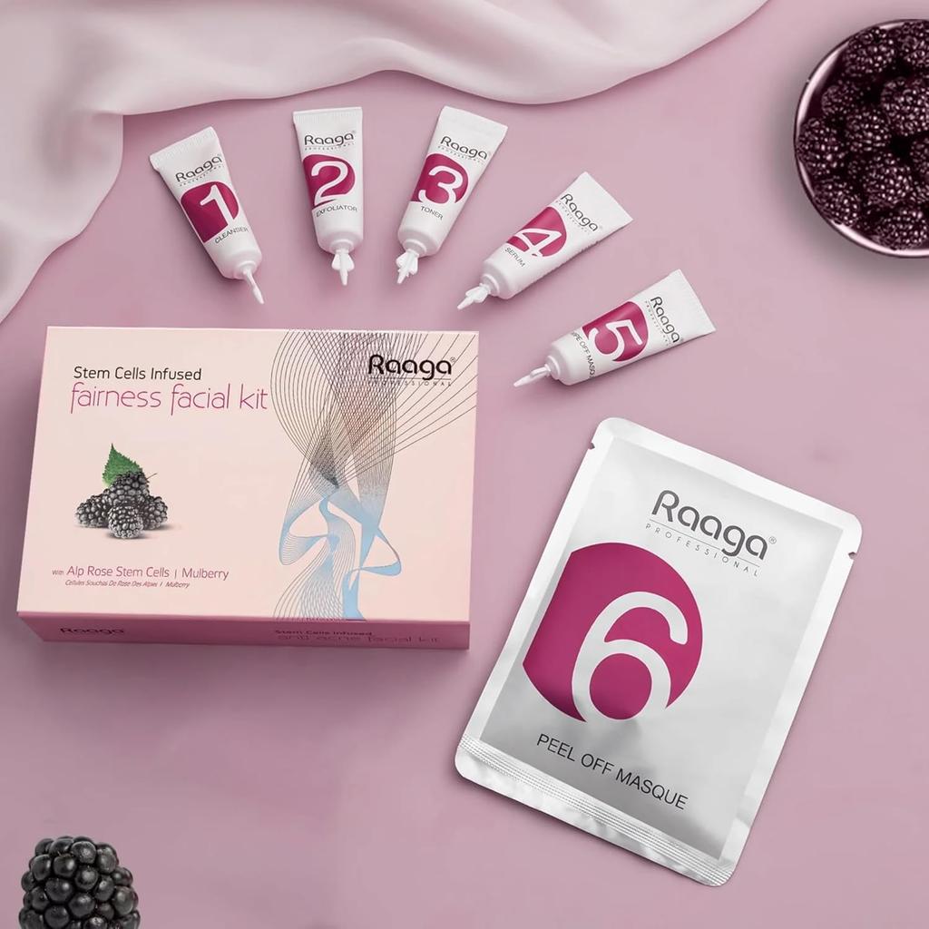 Raaga Professional Stem Cell Infused Fairness Facial Kit 61 G Home Spa Skin Brightening With Alp Rose Mulberry Extracts