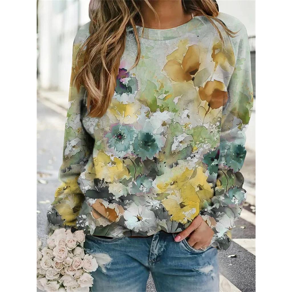 Women Hoodie Fashion Floral 3D Pullover Autumn Winter Vintage Printed Long Sleeve Round Neck Sweatshirt