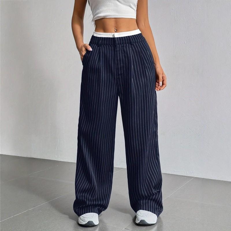 High-Waisted Wide-Leg Striped Trousers Women Office Chic Straight Cut Pants With Pockets Lightweight Stretch Fit