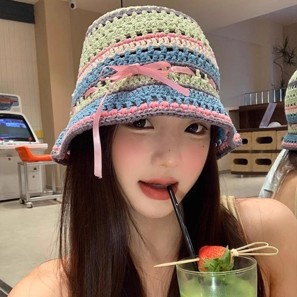 Handmade Knitted Bucket Hats Bow Ribbon Weave Hats Versatile Hollow Basin Cap  Streetwear