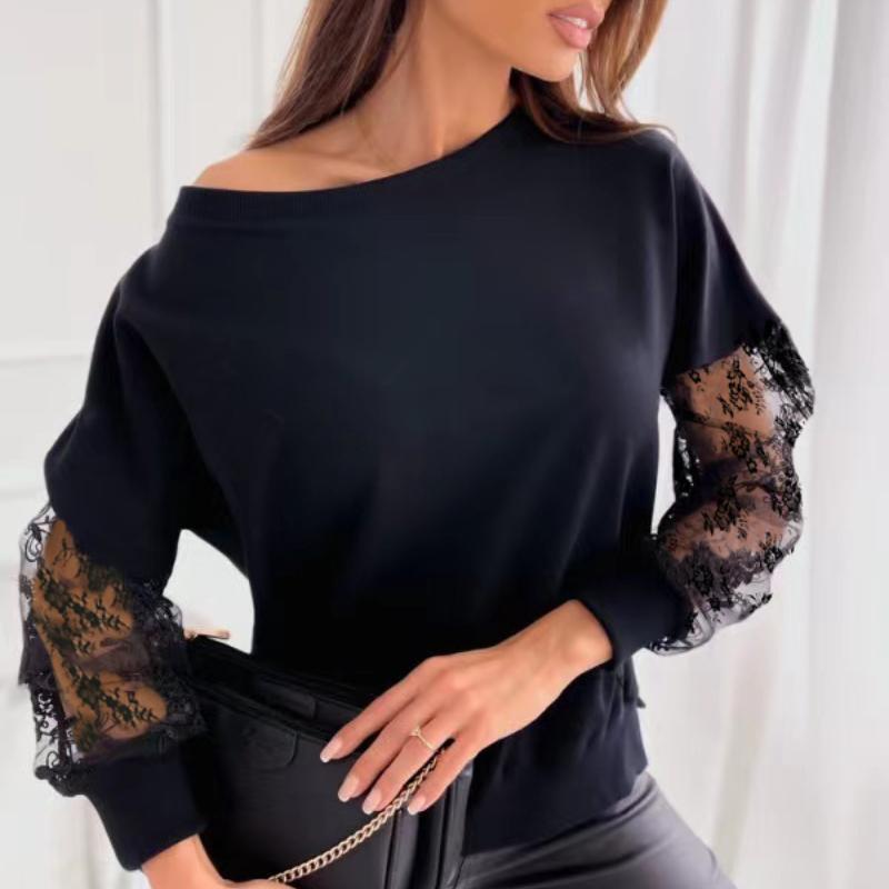 New Lace Patchwork Long Sleeve Women Blouses and Tops Fashion Slash Neck White Shirts for Women Elegant Slim Fit Vintage Solid Office Lady Shirt 26105
