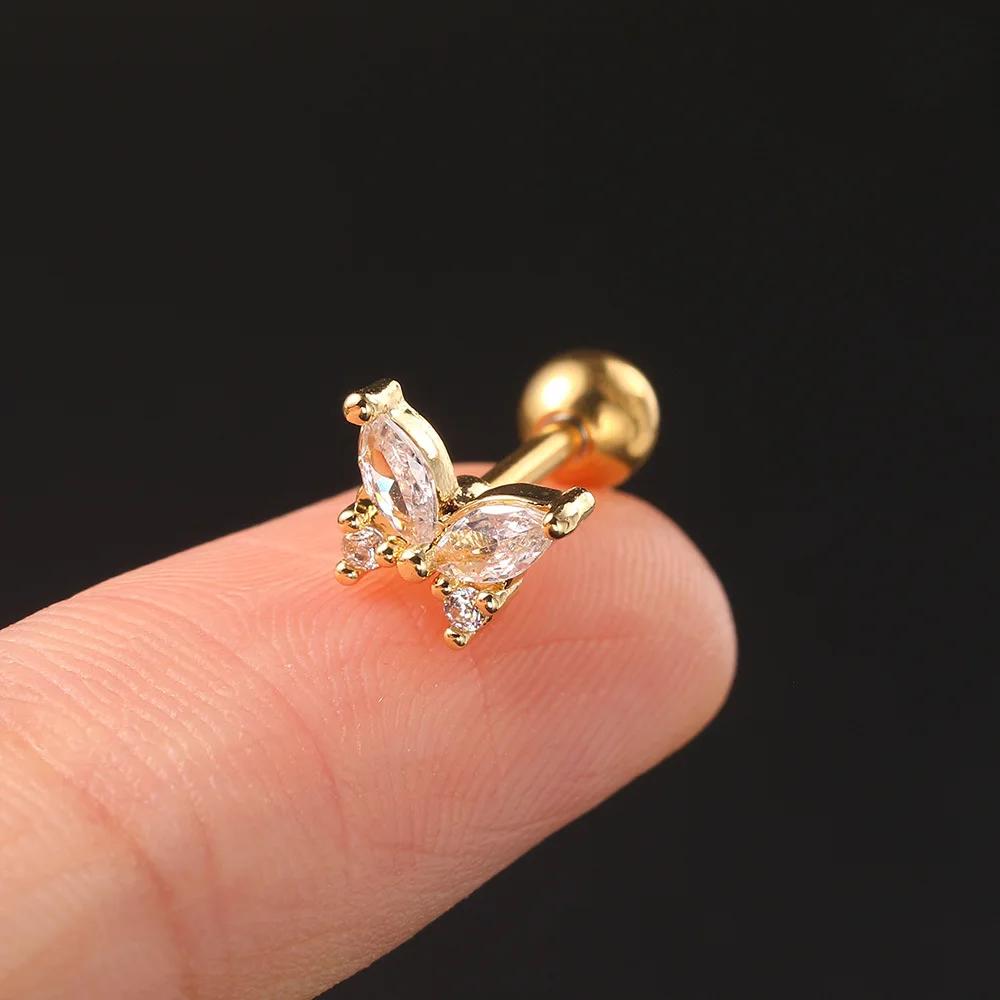 Zircon piercing piercing bone nails Butterfly flower earrings Titanium steel screws screw stud earrings Zircon