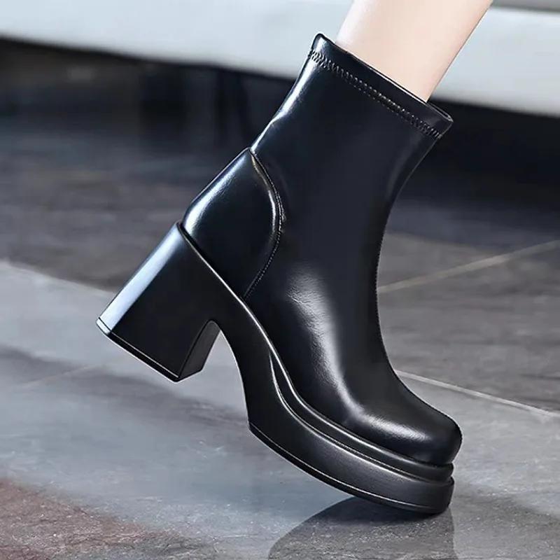 Fashion Women's Thick Sole 2024 Hot Selling High Quality Warm Fashion Solid Color Thick Heel Winter High Heel Short Boots Patent Leather
