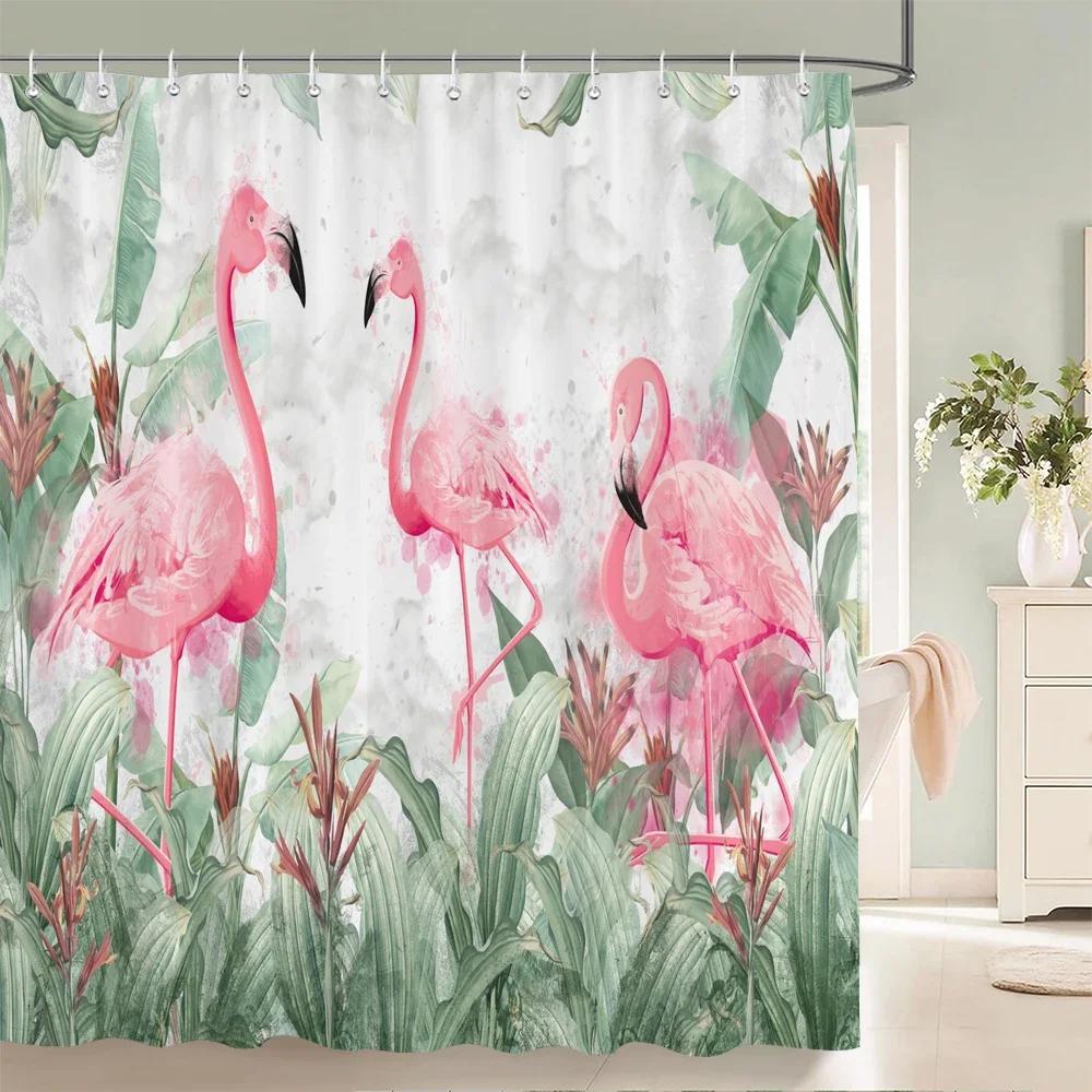 Pink Flamingo Pattern Shower Curtains for Bathroom Tropical Plant Flower and Bird Shower Curtain Waterproof Fabric with Hooks