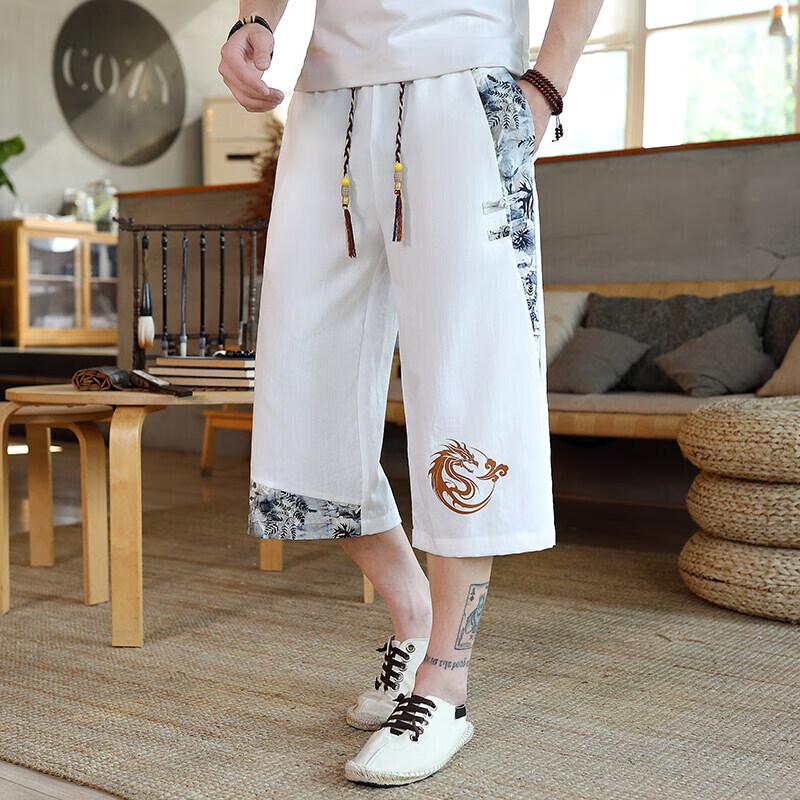 Men's New Chinese Style Dragon Pattern Cooling Ice Silk Capri Shorts