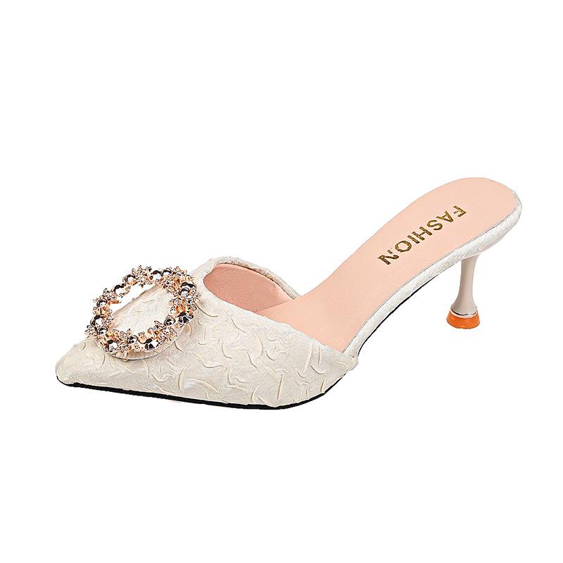 Slippers Women's Summer Wear Half Slippers Women's New French Rhinestone High Heels Thin Heel Bag Head Sandals Black