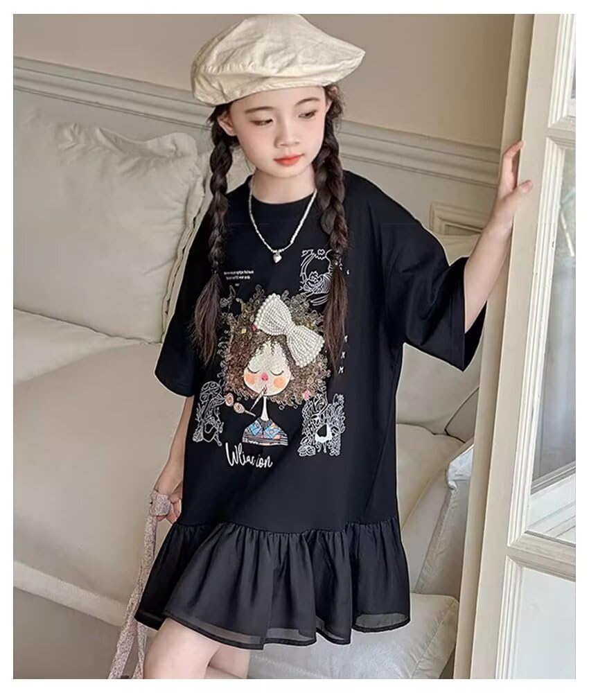 Kuhvvse Short Loose Plus Sizes Kids' Dress, Girls' Sleeve, Summer, Fit, Sizes, Cute, Stylish, Casual, 120-170 (Size 140, Black)