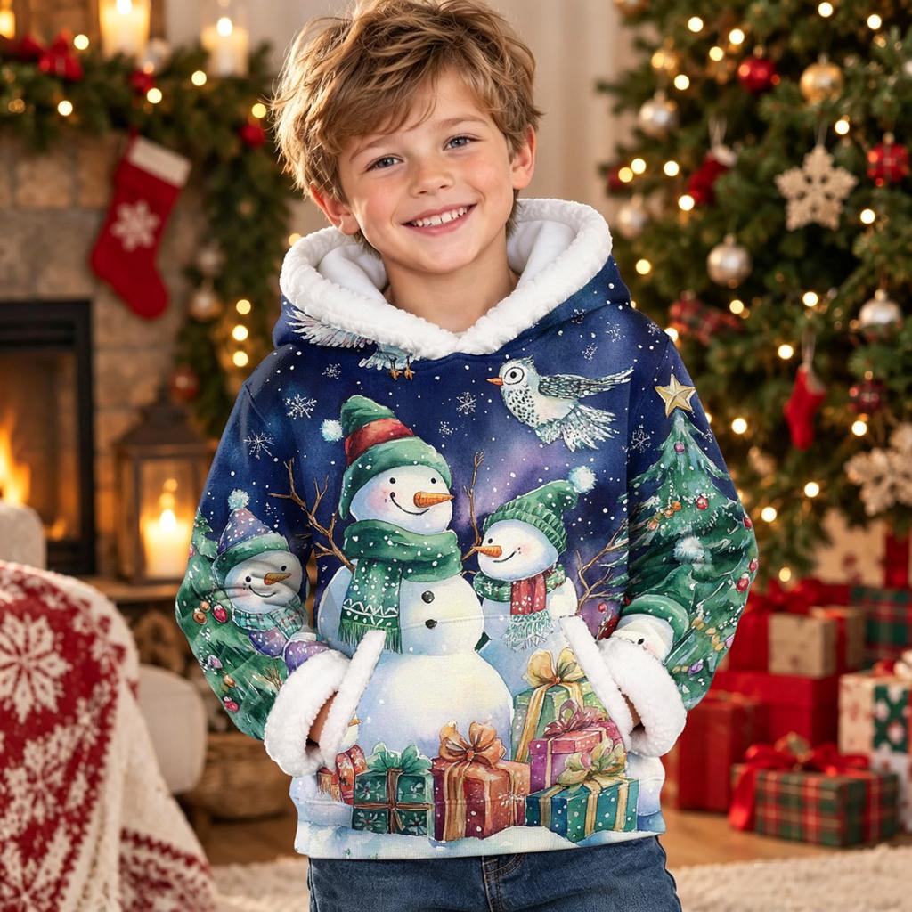 Kids Long Sleeve Christmas Print Casual Fashion Hooded Top