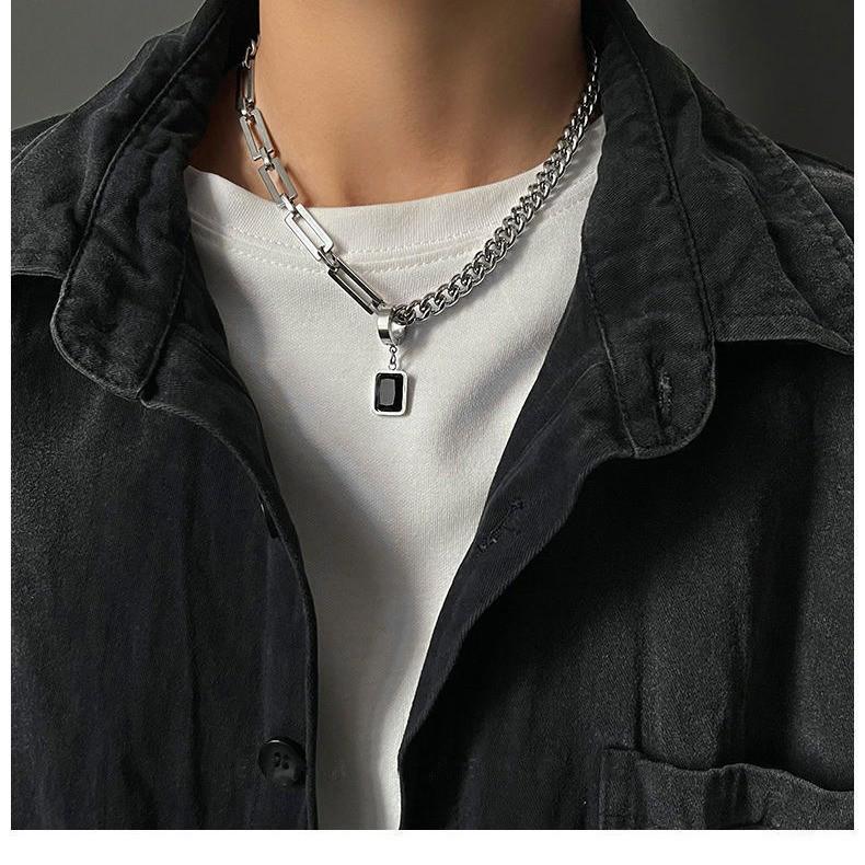Hip-Hop Minimalist Black Square Stud Earrings & Women's Niche Titanium Steel Spliced Couple Pendant Necklace.