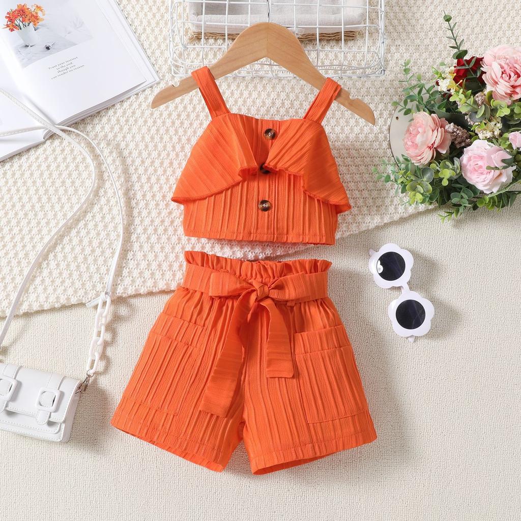 Mädchen Mode Anzug Sommer Kinder Casual Neckholder Top Offene Tasche Shorts mit Gürtel Anzug