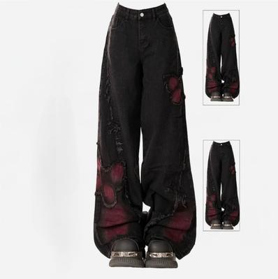 Blugi Lărgi cu Fluturi pentru Femei Stil Vintage Anii '90 Pantaloni Cowboy Estetici Harajuku Pantaloni Denimi Supradimensionați Y2k Anii 2000 Haine Gotic Negre