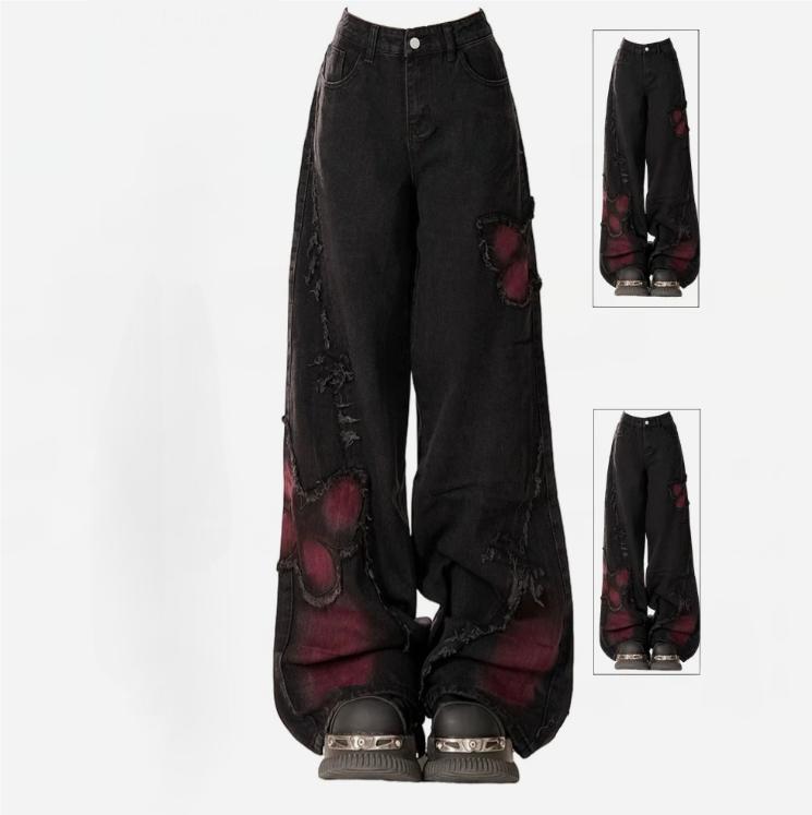 Women's Baggy Butterfly Jeans Vintage 90s Aesthetic Cowboy Pants Harajuku Oversize Denim Trousers Y2k 2000s Black Gothic Clothes