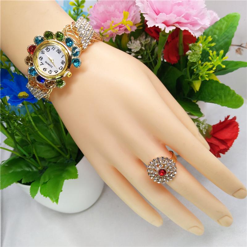 Trendy Women s Full Diamond Steel Band Quartz Watch & Bracelet Set with Color Diamond Accents and Calendar