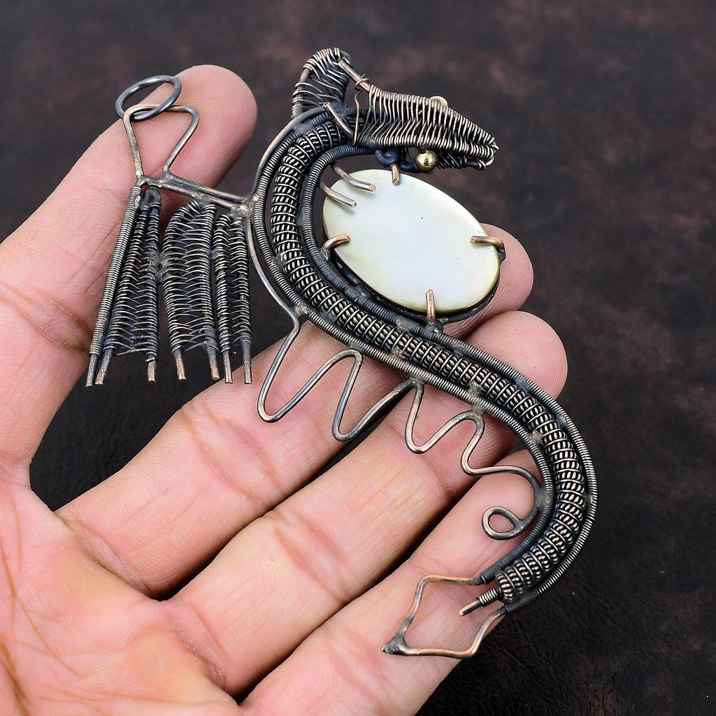 Mother Of Pearl Pendant Copper Wire Wrapped Pendant Dragon Pendant Handmade Copper Wire Jewelry Gemstone Pendant For Gift Birthstone Jewelry