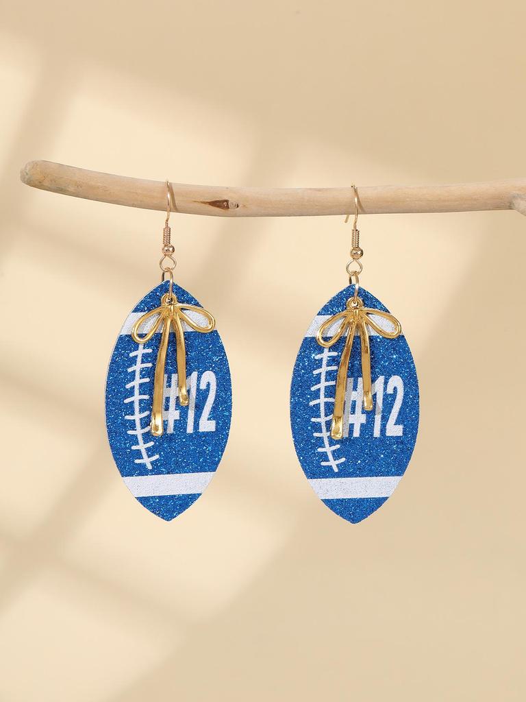 European-American Super Bowl Sporty PU Leather Football Earrings with Alloy Bowknot