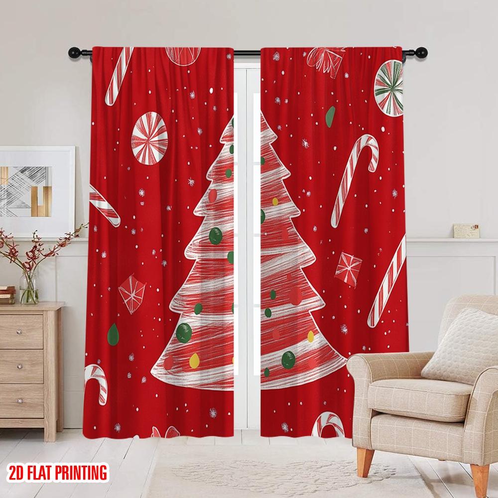 2pcs,2D Plane Printing Minimalist Curtains Christmas Tree Snowflakes Ornaments (3) Versatile Polyester (without Rod) Gifts Use