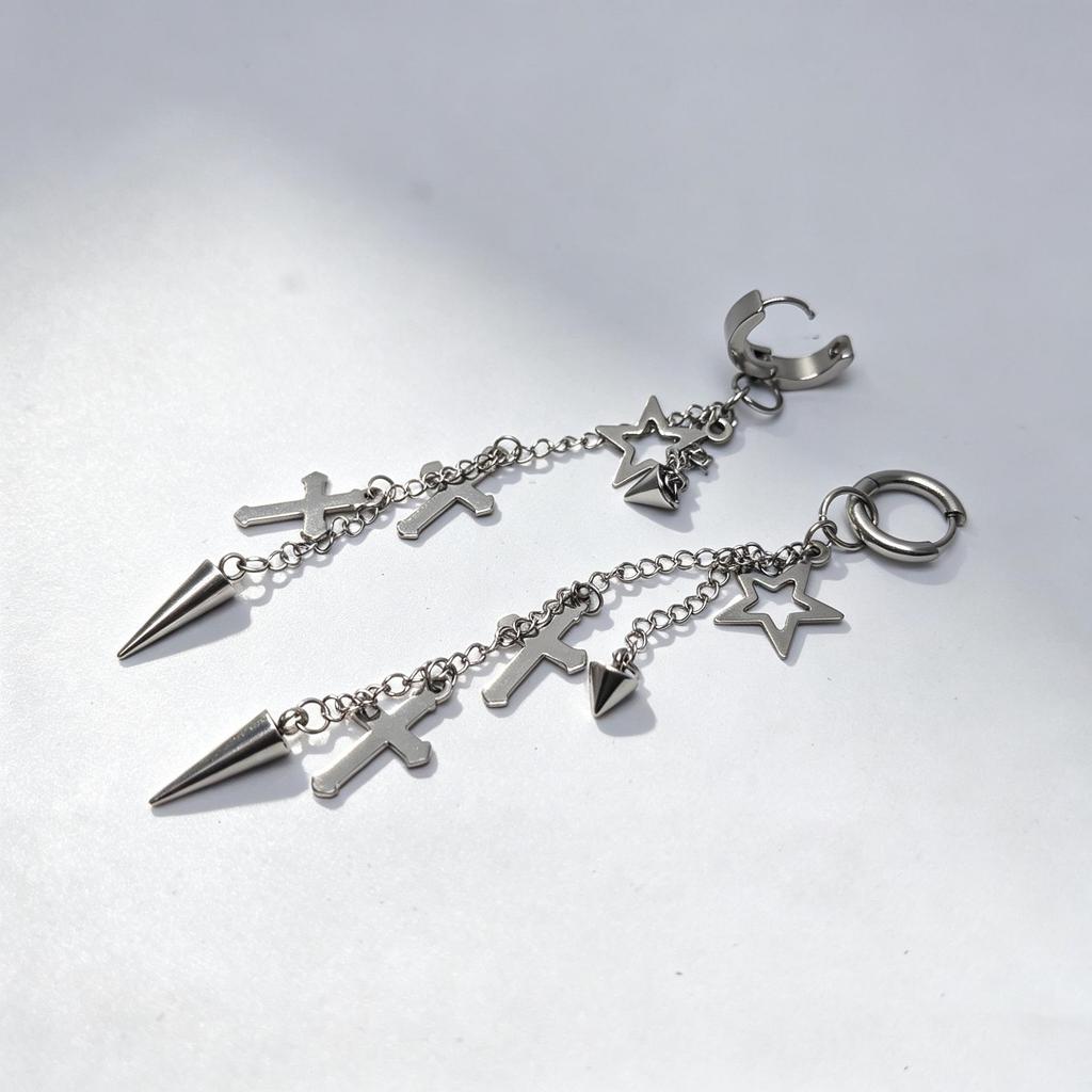 Stainless Steel Asian-Style Star Tassel Earrings - Unisex Long Hoop Studs