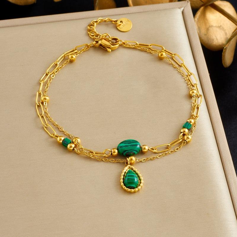 

Gold Plated Stainless Steel Layered Malachite Teardrop Pendant Bracelet for Women зелёный