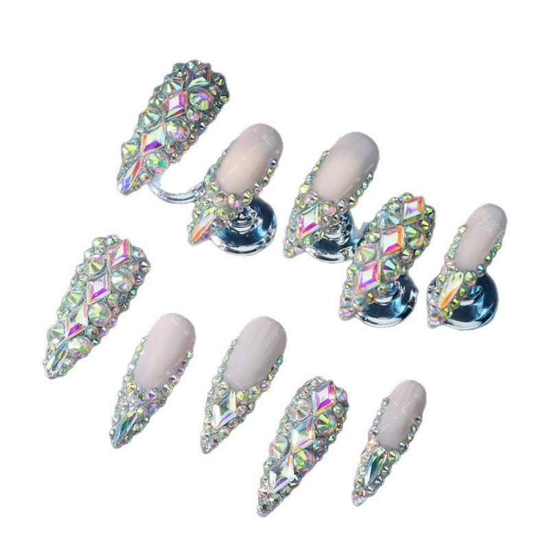 Reusable Press-On Nails With Full Rhinestone Embellishment French Tip Design Acrylic Wearable Manicure Women