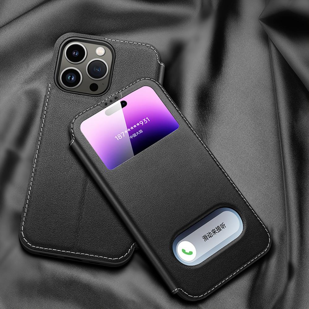Genuine Leather Clear View Window Phone Case for iPhone 15 14 13 12 11 Pro Max XR XS X 7 8 Plus SE 2020  Magnetic Flip Cover