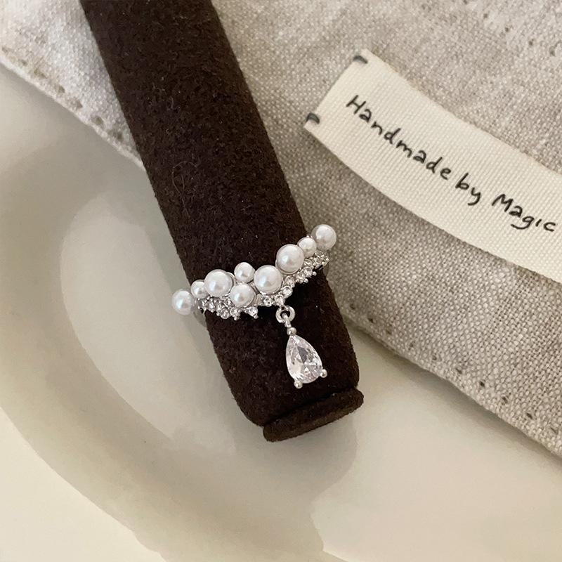 Zircon Pearl Metal Open Ring Women'S Niche Design Sense Personality Light Luxury Versatile Temperament Fashion Ring Ring