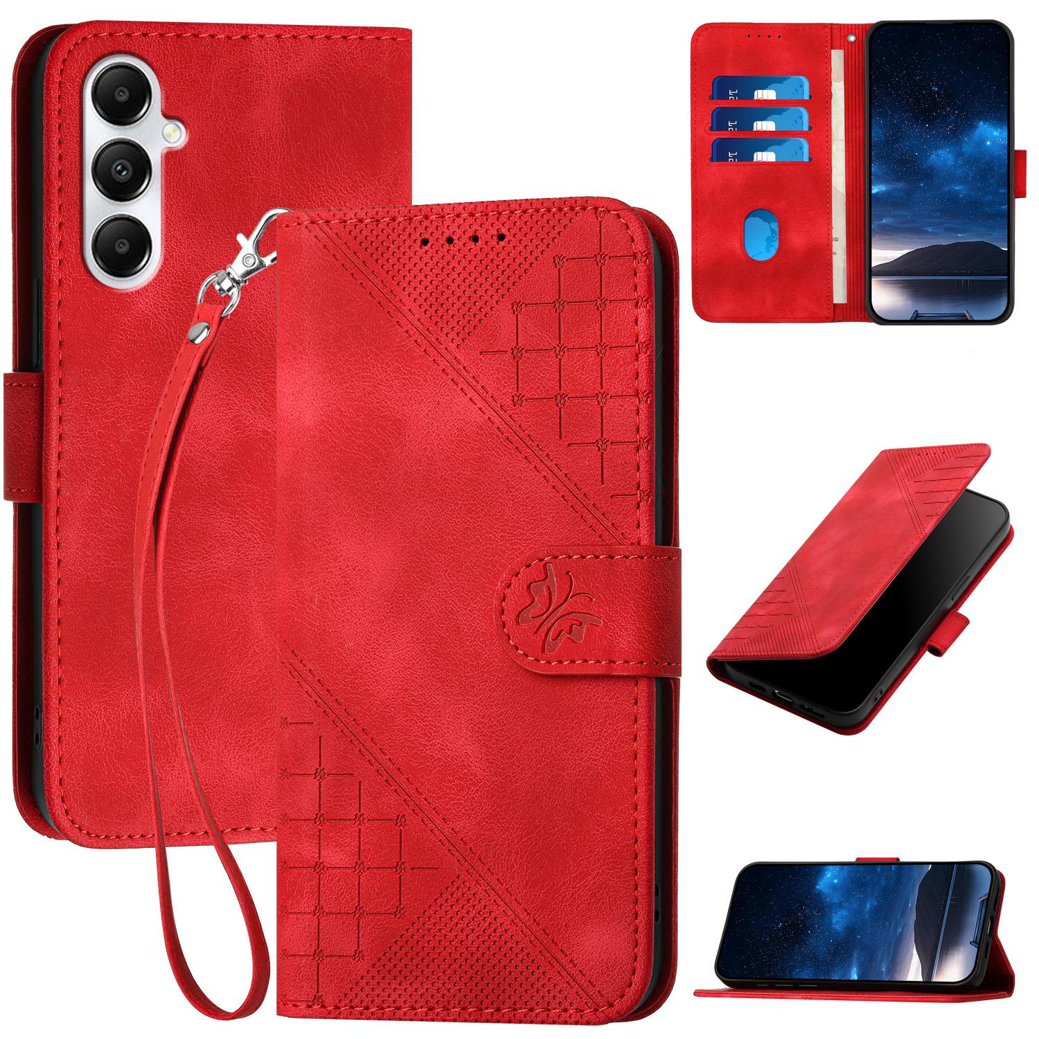 

For Samsung Galaxy A05s 4G Leather Wallet Case Butterfly Flower Imprinted Phone Cover with Strap Red