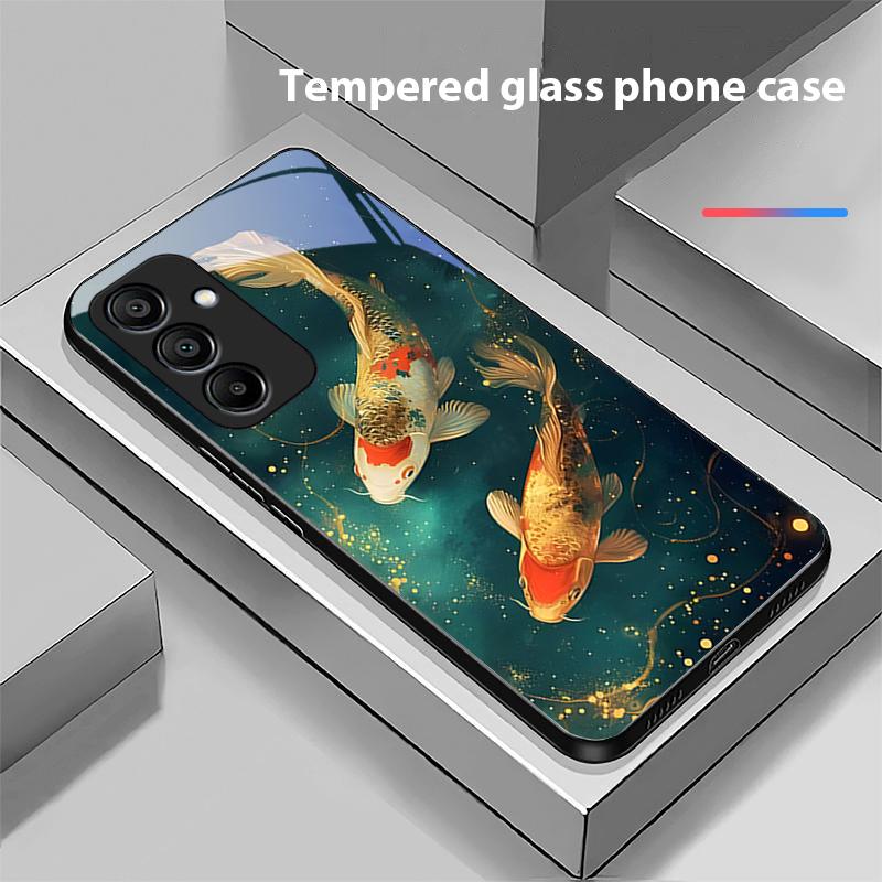 Chinese Wind Fish For Samsung Galaxy A15 5G 54 4G 51 50 24 35 90 71 12 51 53 52S 80 22 34 Black Tempered Glass Phone Case