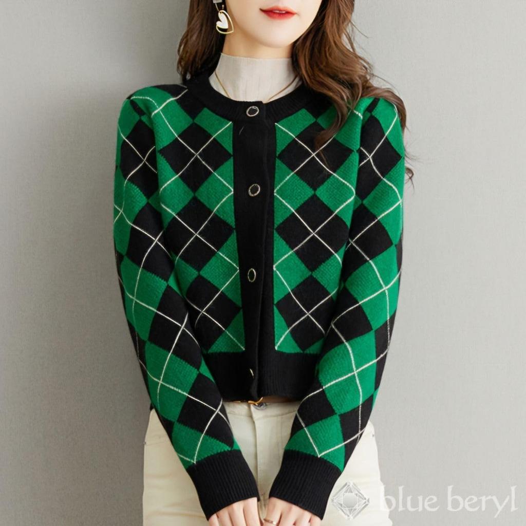 Knitted Argyle Gold Box Round Elegant Neat Winter Slimming Air Conditioner Long Short Large Figure Mature and Long Air Conditioner Green Cardigan,