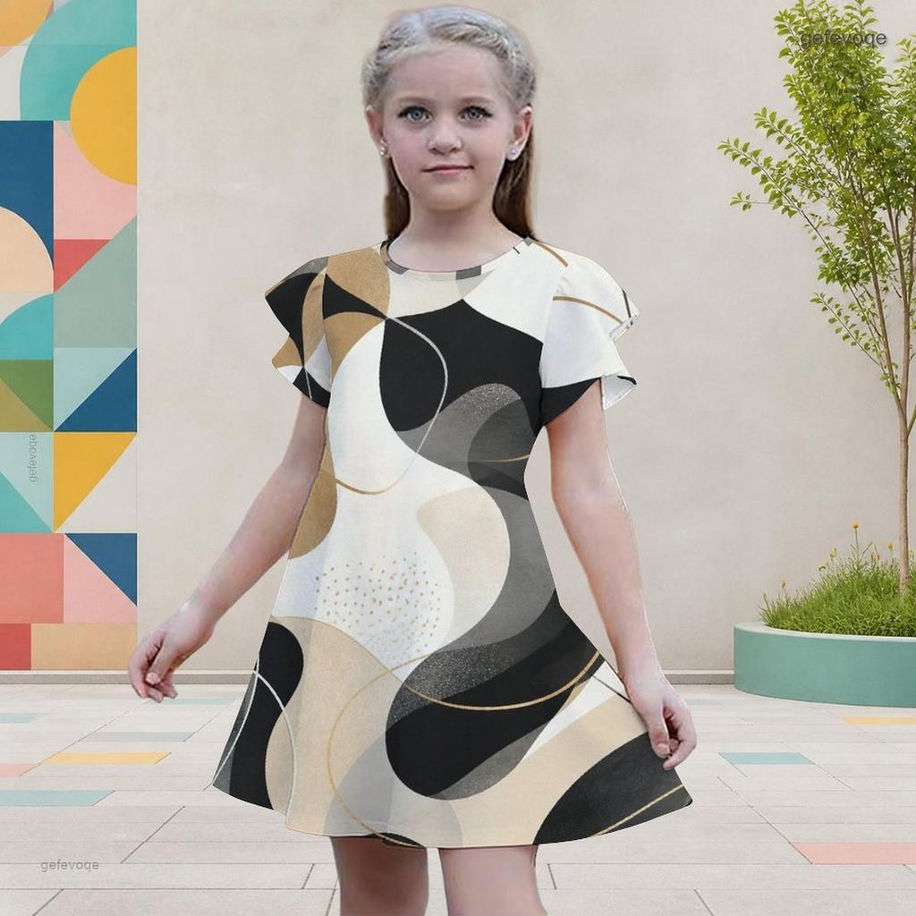 Girls Round Neck Flutter Sleeve A Line Abstract Printed Dress