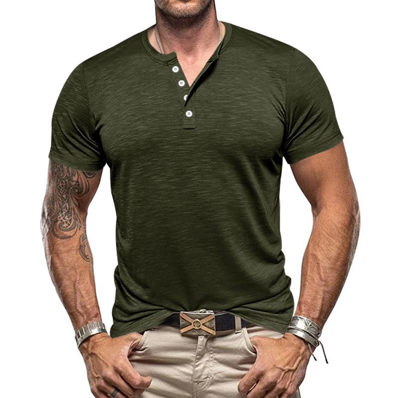 Summer New Men's Bamboo-joint Henley Button Casual Solid-color Large-sized Short-sleeved T-shirt