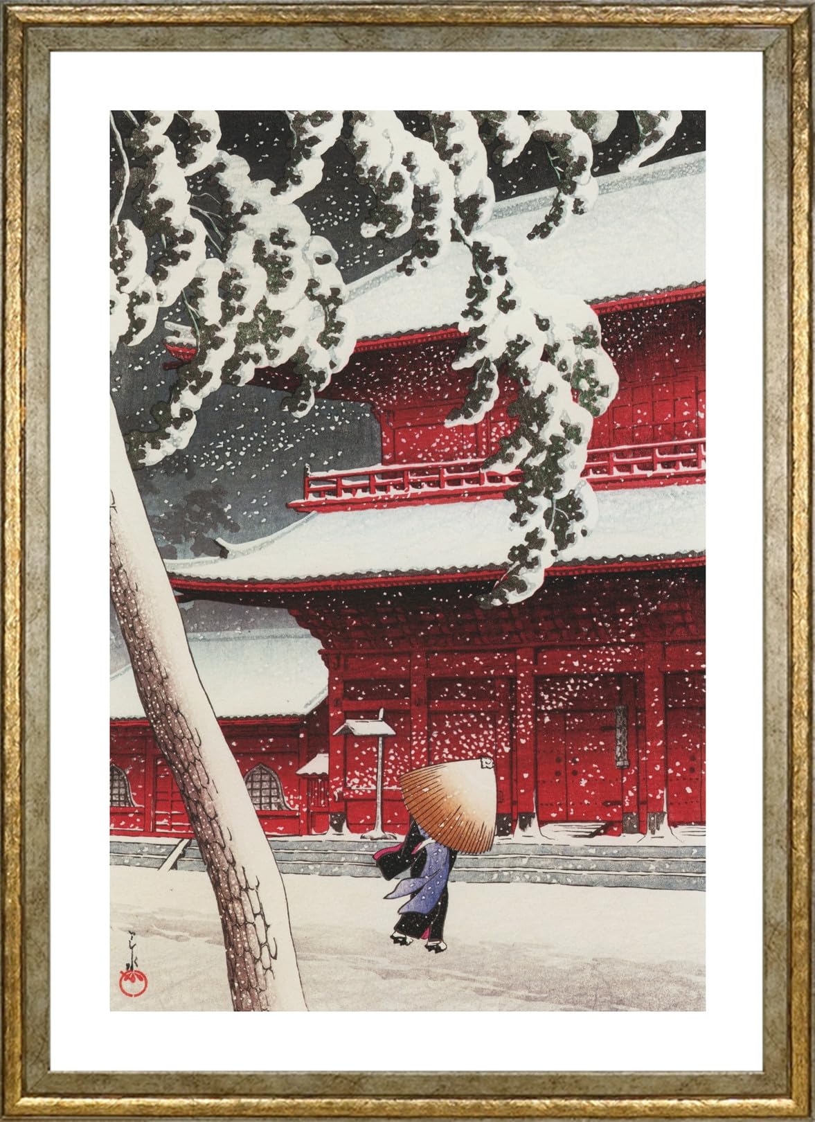 Постер Кавасэ Хасуи (Двадцать видов Токио, Храм Дзодзё-дзи в Сибе) Формат A3 Обои для интерьера Живопись Арт Постер Золотая рама