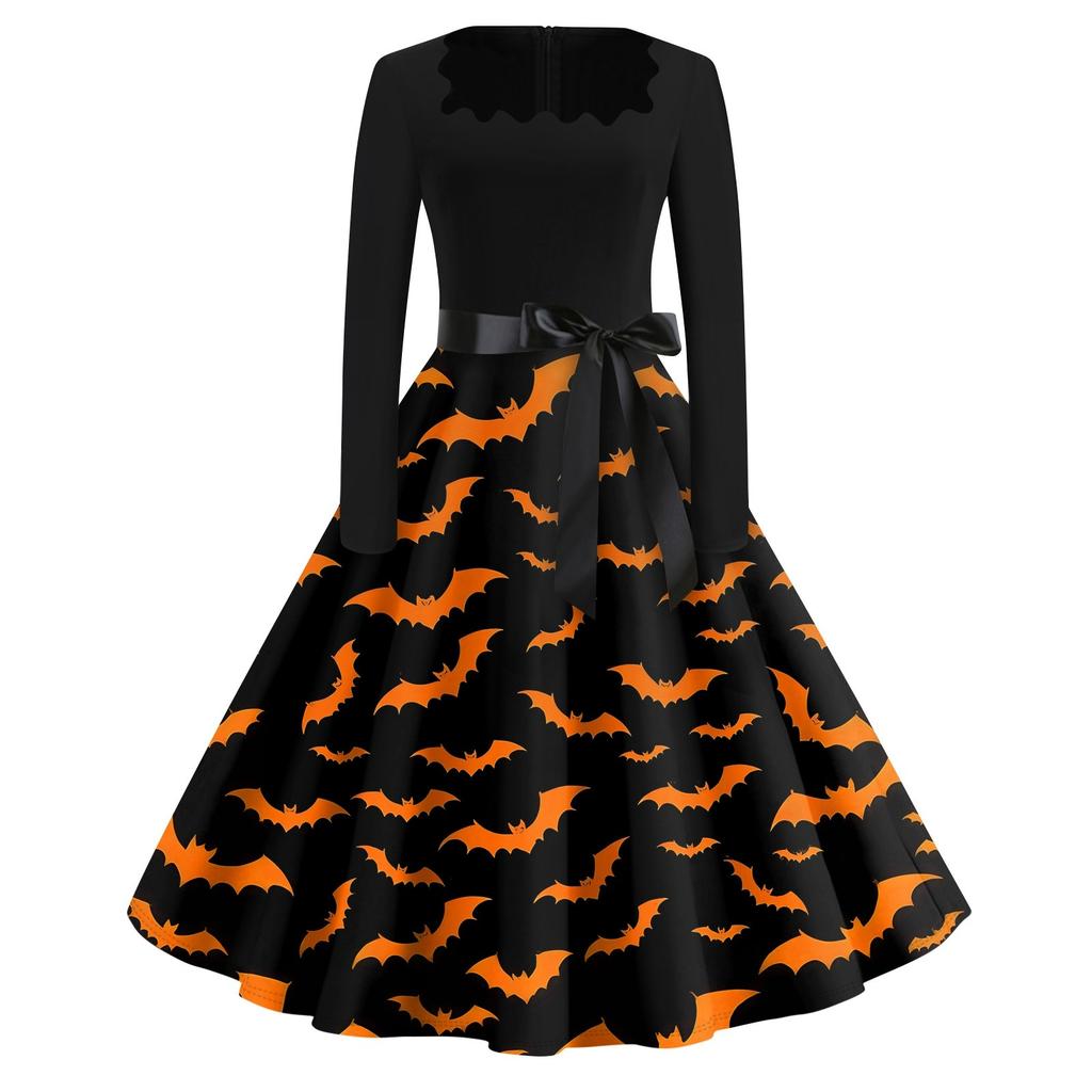 Halloween Print Flare Dress For Women Long Sleeve Dress Hollow Party Casual Dresses