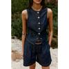 round Neck Sleeveless Gold Button Decoration Denim Vest 6164109 Denim Pleated Belt Shorts 6164112