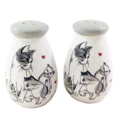 [Q3797] - 'Un Amour de Chats' só- és borskészlet, szürke és fehér - 8 x 4 cm/db