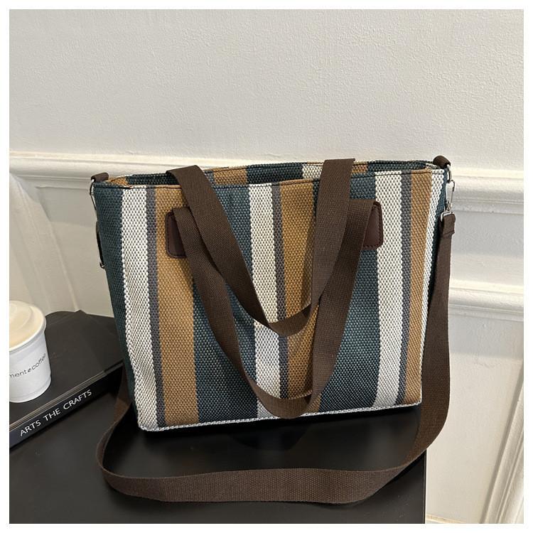 Large Capacity Striped Canvas Tote Bag Autumn Winter 2023 New Street Style Casual Shoulder Crossbody Bag