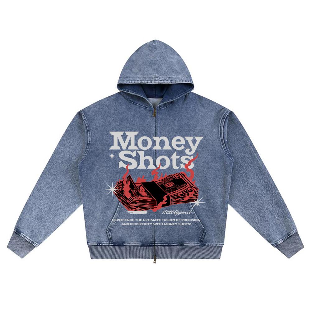 DTG Print Knitted Denim Zip-Up Hoodie Money Shots Brother Print Zipper Hoodies